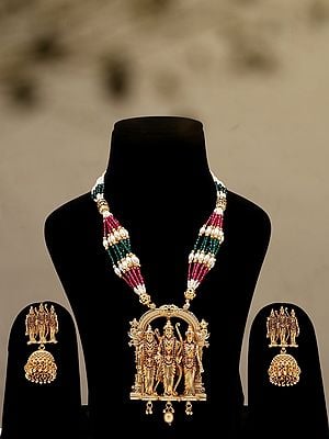 Stone Studded and Beaded Ram Darbar Long Necklace Set with Earrings