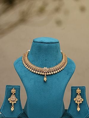 Stone Studded Brass Necklace with Earrigns