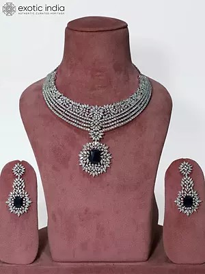 Multi Layered Floral Design Stone Studded American Diamond Necklace Set With Earrings