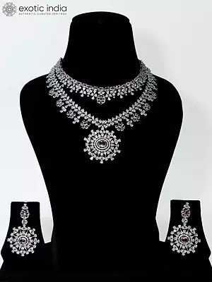 Stone Studded Designer American Diamond Necklace Set With Earrings