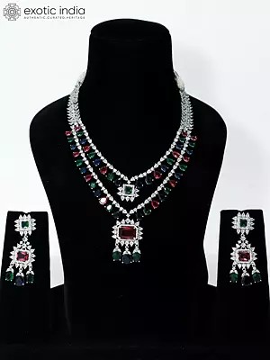 Multicolor Two Layered Stone Studded American Diamond Necklace Set With Earrings