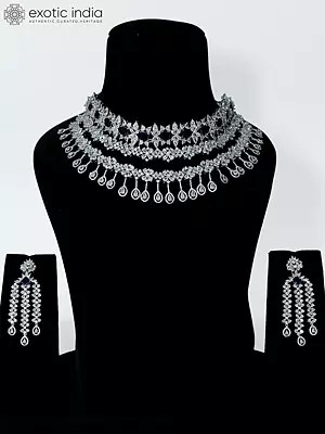 Stone Studded Beautiful Design American Diamond Choker Necklace Set With Earrings