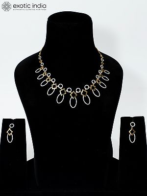 Leaf Design Elegant Stone Studded American Diamond Necklace Set With Earrings