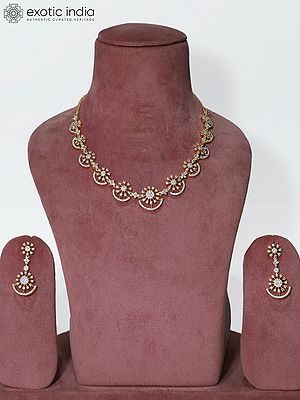 Floral Design Stunning Embellished American Diamond Necklace Set With Earrings