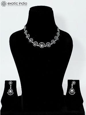 Floral Design Stunning Embellished American Diamond Necklace Set With Earrings