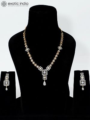 Geometric Design Embellished Stone Studded American Diamond Necklace Set With Earrings