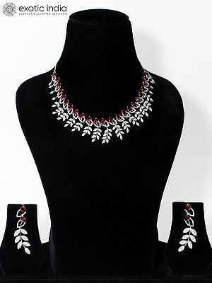 Red Floral Leaf Design Stone Studded Embellished American Diamond Necklace Set With Earrings
