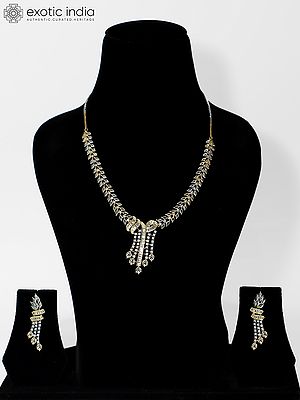 Stone Studded Unique Design Gold Polish Base American Diamond Necklace Set With Earrings