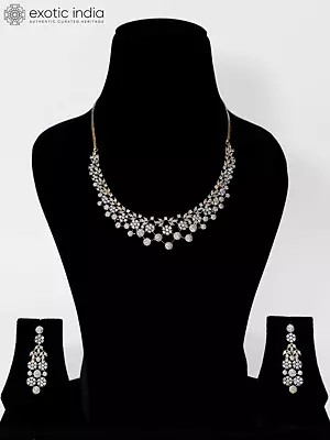 Floral Design Stunning Stone Studded American Diamond Necklace Set With Earrings