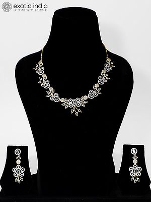 Beautiful Floral Leaf Design Exquisite Stone Studded American Diamond Necklace Set With Earrings
