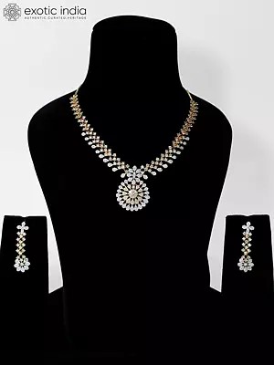 Embellished Stone Studded Floral Design American Diamond Necklace Set With Earrings