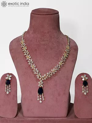 Elegant Floral Design Long American Diamond Necklace Set With Earrings
