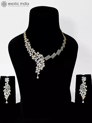 Elegant And Embellished Floral Design American Diamond Necklace Set With Earrings