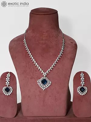 Silver Tone Embellished Stone Studded American Diamond Necklace Set With Earrings