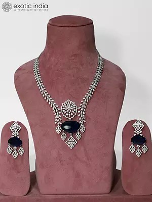 Exquisite Silver Tone Leaf Design American Diamond Necklace Set With Earrings