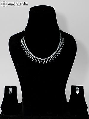 Silver-Tone Stone Studded Elegant American Diamond Necklace Set With Earrings