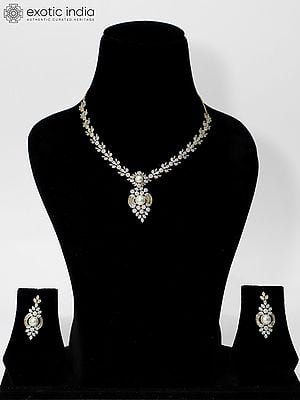 Pearl Embellished Stone Studded American Diamond Necklace Set With Earrings