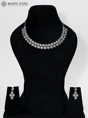 Stunning Floral Design Stone Studded Silver-Tone American Diamond Necklace Set With Earrings