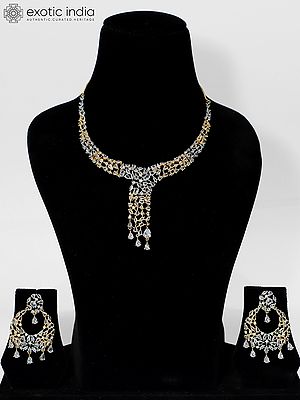 Gold-Tone Stone Studded Elegant American Diamond Necklace Set With Earrings