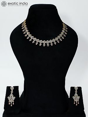 Geometric Design Stone Studded Elegant American Diamond Necklace Set With Earrings