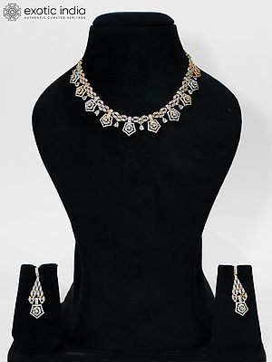 Embellished Geometric Motifs American Diamond Necklace Set With Earrings