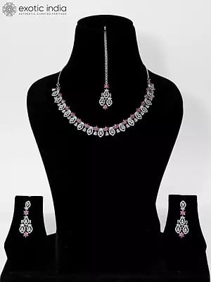 Exquisite American Diamond Necklace Set And Maang Tikka With Earrings