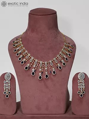Stone Studded Beautiful Floral Design American Diamond Necklace Set With Earrings