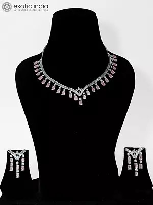 Geometric Design Stone Studded American Diamond Necklace Set With Earrings