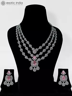 Triple Layered Stunning Stone Studded American Diamond Necklace Set With Earrings