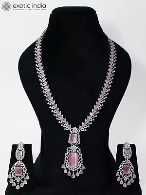 Stone Studded Long Embellished American Diamond Necklace Set With Matching Earrings