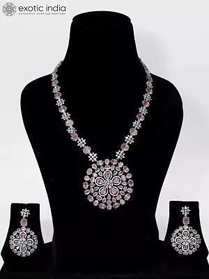 Elegant Round Stone Studded American Diamond Necklace Set With Earrings