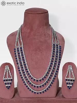 Long Triple Layered Stone Studded Beautiful American Diamond Necklace Set With Earrings