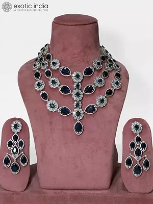 Silver-Tone Triple Layered Choker Style American Diamond Necklace Set With Earrings