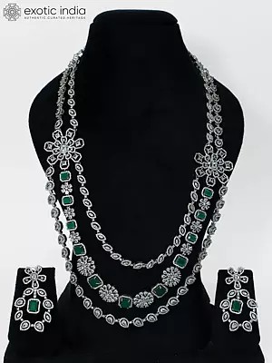 Floral Design Triple Layered Stone Studded American Diamond Necklace Set With Earrings