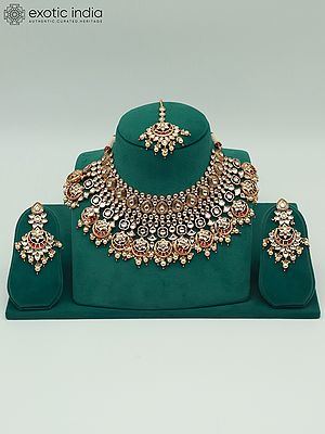 Stone Studded And Beaded Heavy Necklace Set For Bride With Earrings And Mangtika