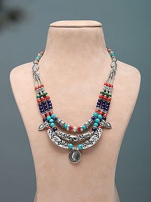 Tibetan Style Multicolor Stone Beads Necklace with Sixpence Coin