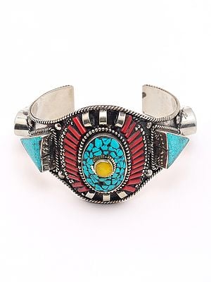 Imitation Turquoise and Coral Tibetan Style Cuff Bracelet