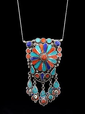 Imitation Turquoise Coral and Lapis Lazuli Studded Tibetan Style Pendant