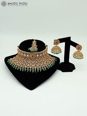 Stunning Stone Studded Heavy Choker Necklace With Matching Earrings And Mangtika