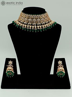 Choker Design Necklace Set With Drop Beads And Earrings