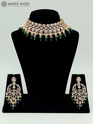 Beautiful Choker Set For Bridal With Green Hanging Beads And Attractive Earrings