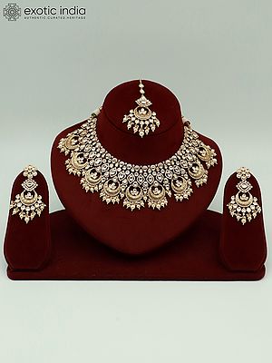 Kundan Studded Brass Necklace Set For Women With Earrings And Mangtika