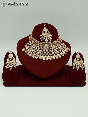 Kundan, Pearl Studded Necklace Set With Mangtika & Earrings