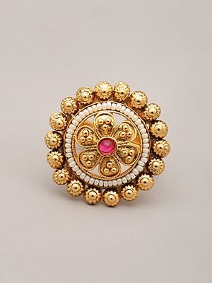 Floral Brass Adjustable Ring with Beads and Stone