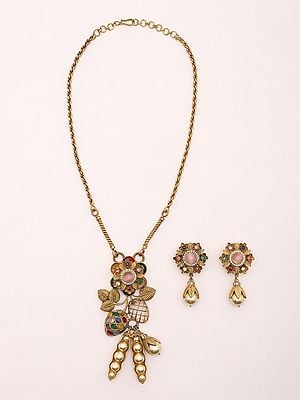 Floral Design Long Necklace Set with Earrings