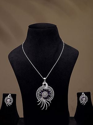 Purple and White Stone Studded Peacock Pendant Set with Earrings