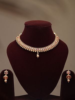 Pink and White Stone Studded Necklace and Earrings Set
