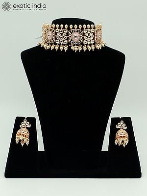 Brass And Kundan Stone Meenakari Choker Set With Earrings