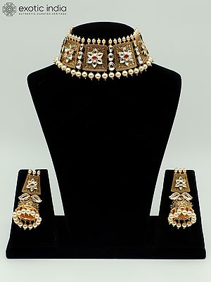Elegant Brass Choker Set With Hanging Beads And Earrings
