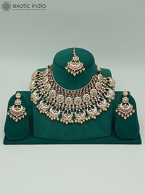 Designer Heavy Necklace Set For Bridal With Mangtika And Earrings